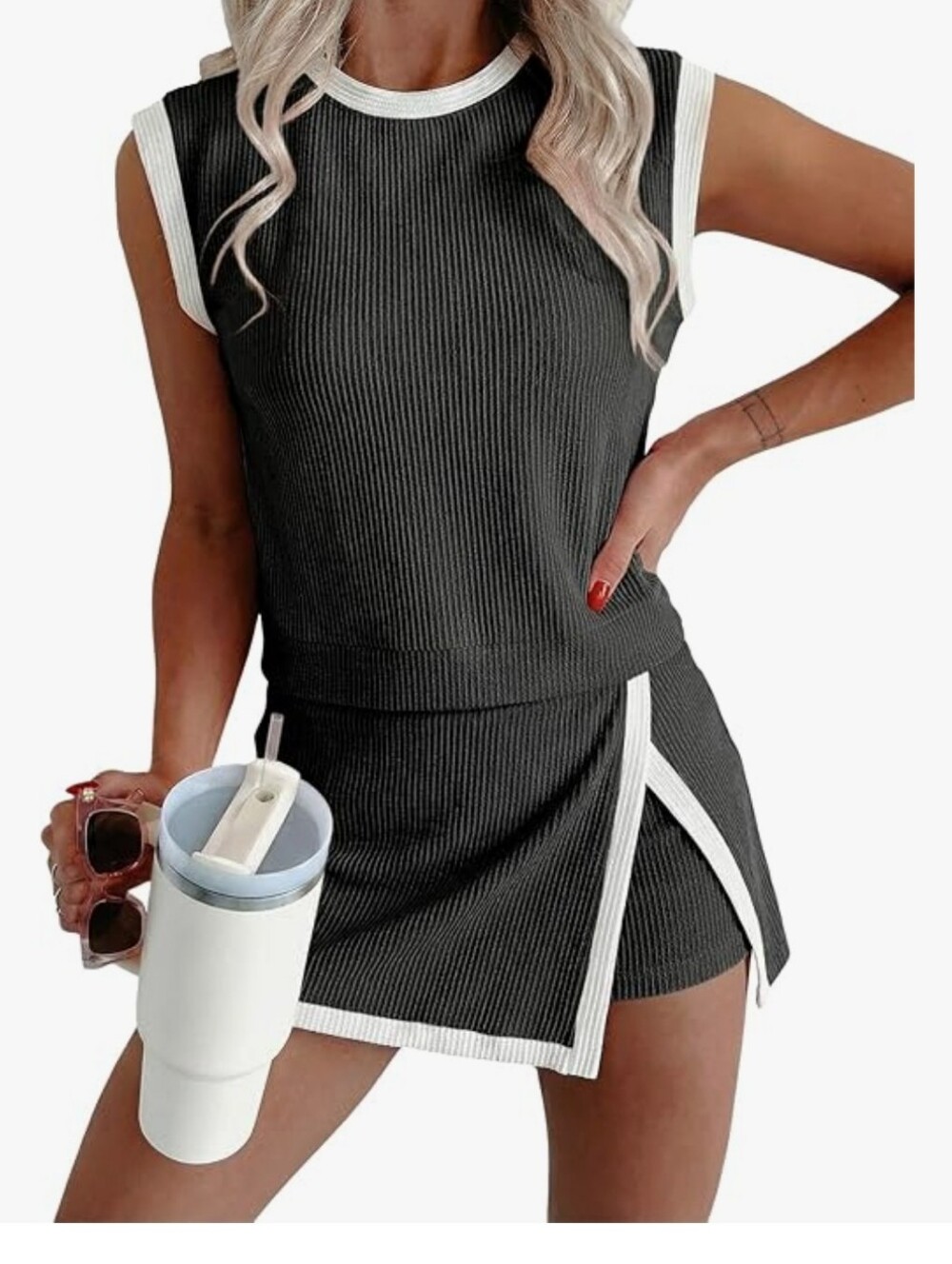 Black Ribbed Two-Piece Tank & Skort Set with White Trim #108